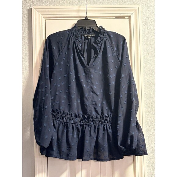 Zac & Rachel Blouse Large Blue Long Sleeve Swiss Dot Ruched Waist Ruffle Trim - Picture 1 of 4